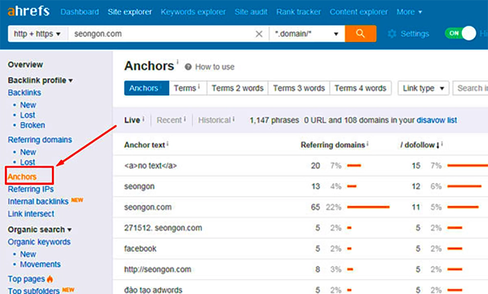 Vào mục Anchors để xem thống kê các loại Anchor Text nào có link về trang web